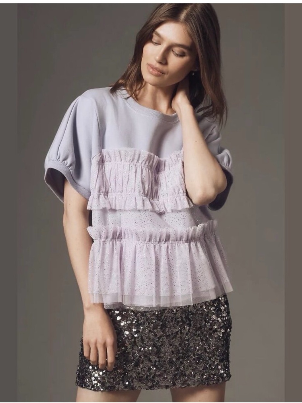 Anthropologie Lavender Ruffle Tiered Short-Sleeve Top
